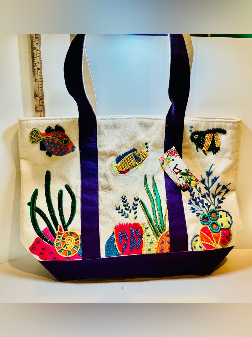 * Embroidered & Beaded Ocean Scene Canvas Tote Bag with Purple Canvas Trim